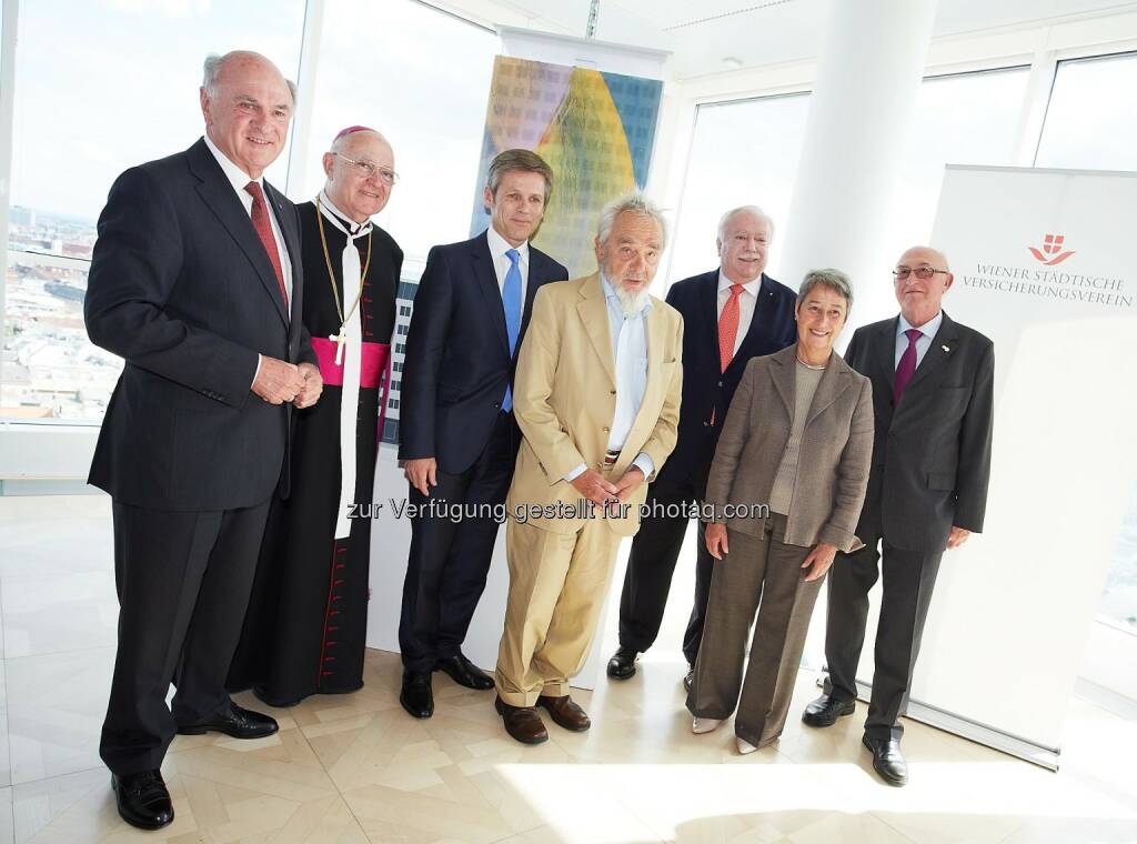 Erwin Pröll, Abtprimas Propst B. Backovsky, BMin. Josef Ostermayer, Arnulf Rainer , LH Michael Häupl, Margit Fischer und GD  Günter Geyer: Arnulf Rainer verhüllt den Ringturm mit dem Schleier der Agnes (17.06.2014) 