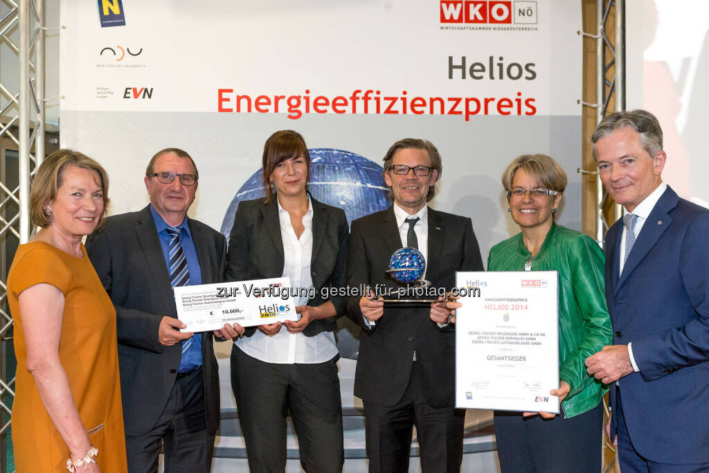 Gesamtsieger Helios 2014: Georg Fischer GmbH: WKNÖ-Präsidentin Sonja Zwazl, Christian Aichinger, Geschäftsführer von Georg Fischer Eisenguss GmbH, Tina Köhler, Kurt Wostry, Wirtschaftslandesrätin Petra Bohuslav und EVN-Vorstandssprecher Peter Layr, © WKNÖ (03.07.2014) 