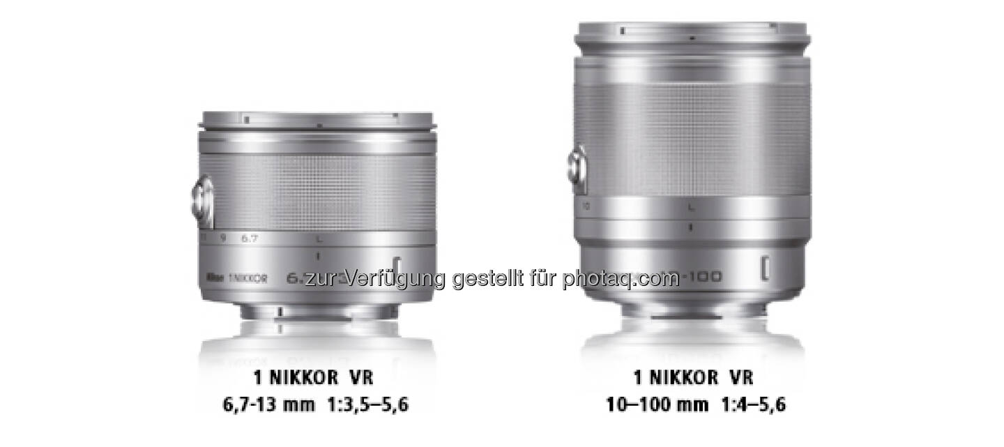 1 Nikkor Objektive: Ultraweitwinkel-Zoomobjektiv 1 Nikkor VR 6,7-13 mm 1:3,5-5,6 und das 10-fach-Zoomobjektiv 1 Nikkor VR 10–100 mm 1:4,0-5,6 