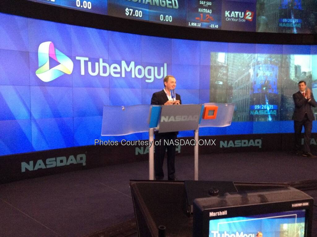 TubeMogul CEO poses with the Opening Bell crystal shortly before ringing the #NASDAQ Opening Bell in honor of #IPO!  Source: http://facebook.com/NASDAQ (18.07.2014) 