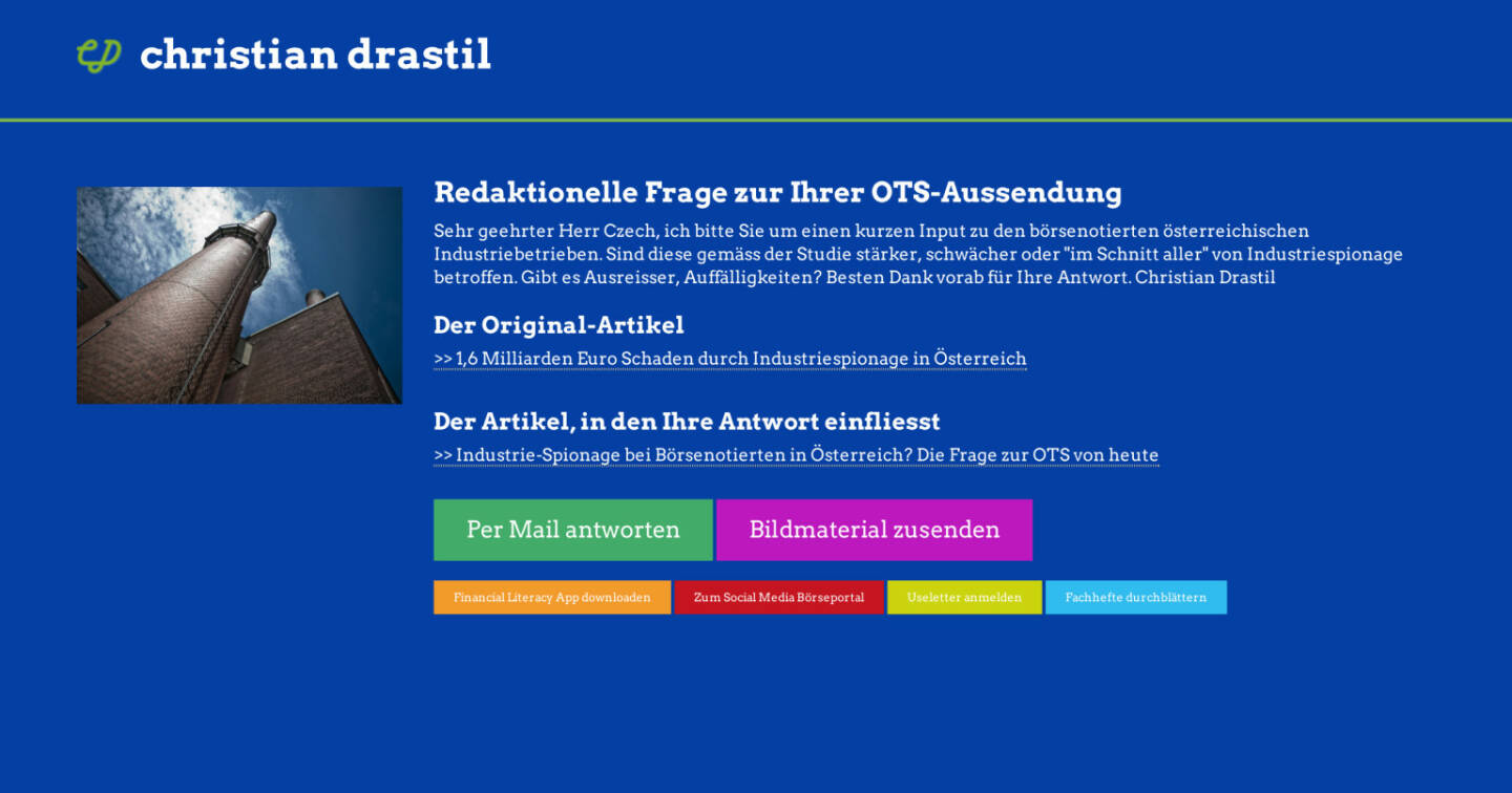Redaktionelle Rückfrage (6) zur Industriespionage-OTS http://christian-drastil.com/spreadit/all