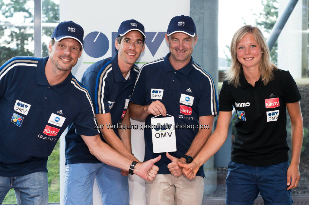 OMV sponsert seit 25 Jahren den Skisprungsport, ab sofort auch in Norwegen: Alexander Stöckl (Head Coach), Anders Bardal (World Champion and World Cup Winner), Clas Brede Braten (Sports Director), Maren Lundby (beste Skispringerin Norwegens) Credit: OMV/NSF
 , © Aussendung (21.07.2014) 