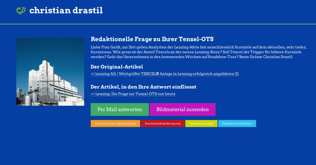 Redaktionelle Rückfrage (16) zur Tenzel-OTS an Lenzing, Angelika Guldt http://christian-drastil.com/spreadit/all (29.07.2014) 
