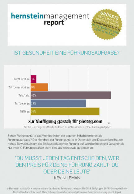 Hernstein Institut für Management und Leadership: Chefsache gesundes Führen: Umfrage unter Führungskräften, © Aussender (31.07.2014) 