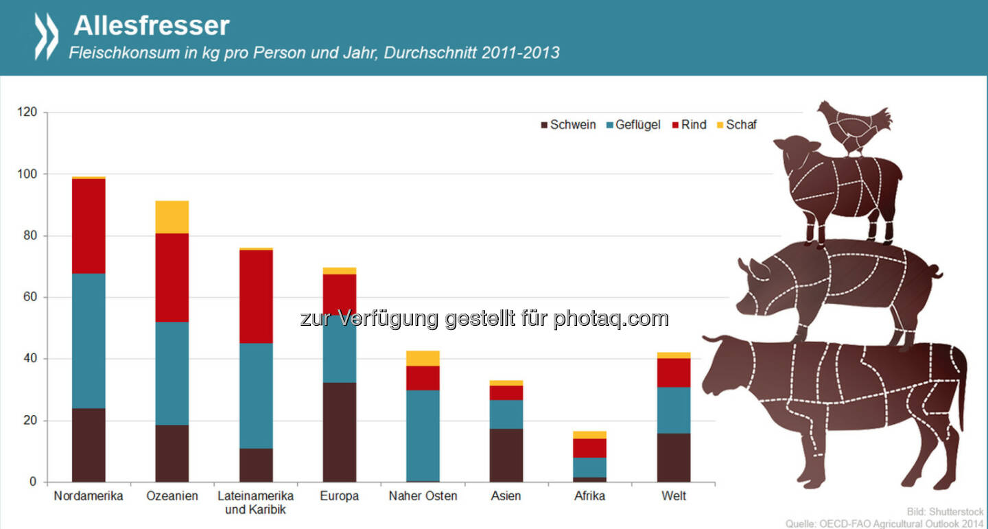 Der Fleischkonsum in Nordamerika und Ozeanien ist mehr als doppelt so hoch wie der globale Durchschnitt. Vor allem Geflügel findet bei den fleischlastigsten Weltregionen den Weg auf den Teller.

Mehr Infos zum aktuellen Fleischverzehr und Projektionen für die kommenden Jahre gibt es unter: http://bit.ly/1qk39KZ (S. 183)