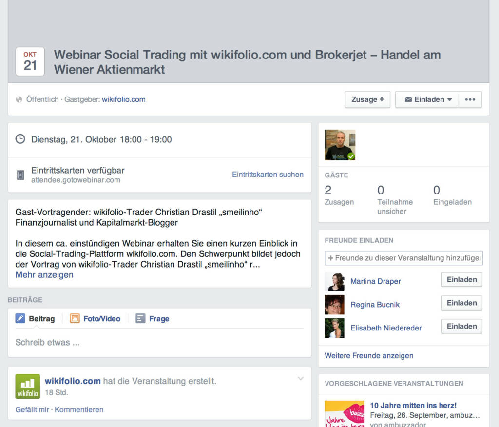 Webinar Social Trading mit wikifolio, Brokerjet und Börse Social Network am 21. Oktober https://www.facebook.com/events/650891428339705/ (12.08.2014) 