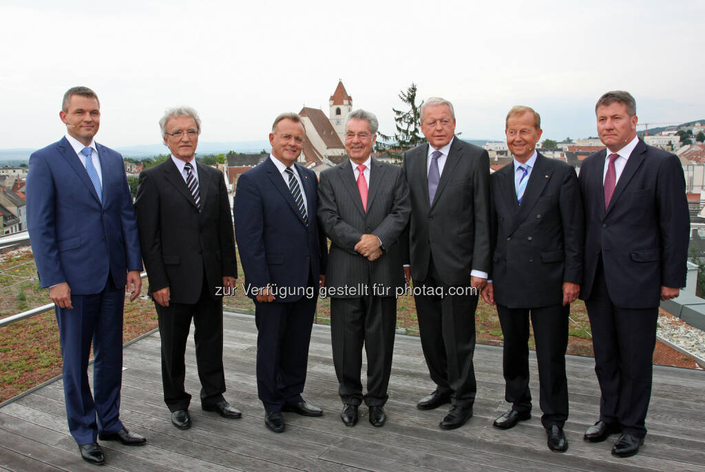 Festakt im Burgenland: 25 Jahre Fall des Eisernen Vorhangs: Minister Peter Pellegrini (SK), Horst Teltschik (D), LH Hans Niessl, BundespräsidententHeinz Fischer, Bundeskanzler a.D. Franz Vranitzky, Kanzleramtsminister a.D. Friedrich Bohl (D), Staatssekretär Gergely Pröhle (H), © Aussender (13.08.2014) 