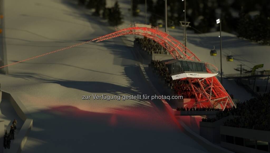 Das voestalpine skygate ist das neue Wahrzeichen von Schladming und damit auch der FIS Alpinen Ski WM 2013. Insgesamt wurden 130 t Stahl für den 35 Meter hohen Bogen verarbeitet (c) voestalpine (18.01.2013) 