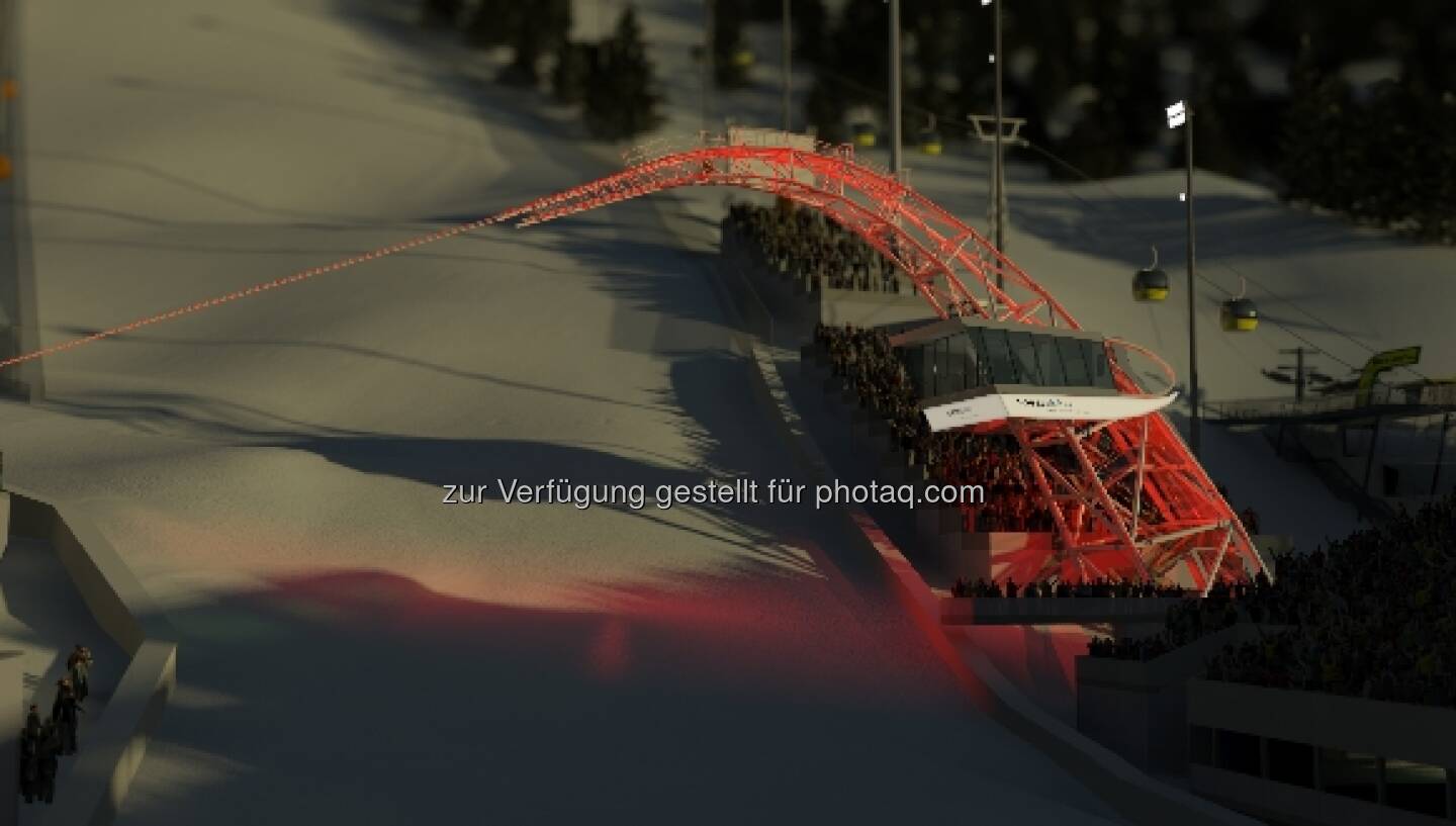 Das voestalpine skygate ist das neue Wahrzeichen von Schladming und damit auch der FIS Alpinen Ski WM 2013. Insgesamt wurden 130 t Stahl für den 35 Meter hohen Bogen verarbeitet (c) voestalpine