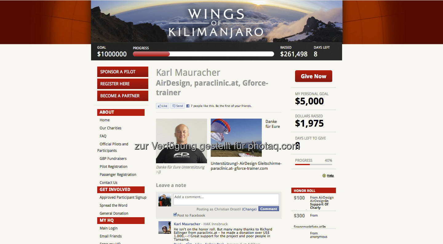 http://wingsofkilimanjaro.kintera.org/faf/donorReg/donorPledge.asp?ievent=1041962&supId=368156140 - die persönliche kilimanjaro-Website von Karl Mauracher, da mischt sich http://www.christian-drastil.com und http://www.finanzmarktfoto.at gerne unter die Donater