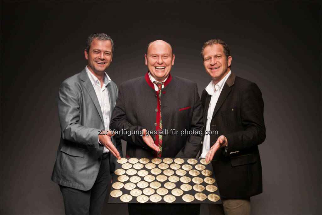 Prokurist Michael Moser, Betriebsleiter Johann Winkler und GF Hans Moser: 51x Gold an Moser Wurst für Produkt-Qualität und Geschmack beim Internationalen Fachwettbewerb IFFW, © Aussendung (11.09.2014) 