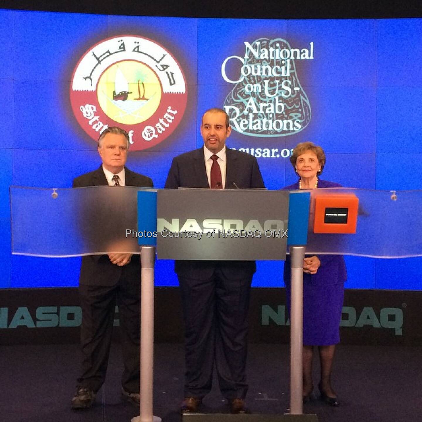 His Excellency Sheikh Ahmed bin Jassim Al Thani, the Qatar Minister of Economy & Commerce, and Mrs. Matilda Cuomo ring the #openingbell!  Source: http://facebook.com/NASDAQ
