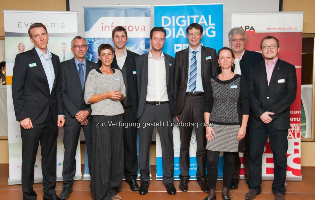 Christian Morawetz (Fraunhofer Austria), Dirk Denker (AVL List), Andrea Denger (Virtual Vehicle), Hannes Robier (youspie Consulting), Peter Brandl (evolaris), Christian Kittl (evolaris), Stefanie Lindstaedt (Know-Center), Gerhard Greiner (Infonova), Patrick Schweighofer (Campus 02).: evolaris next level GmbH: Digitaldialog: ExpertInnen diskutieren den Einzug von Industrie 4.0 in die Österreichische Industrie- und Forschungslandschaft, © Aussendung (02.10.2014)