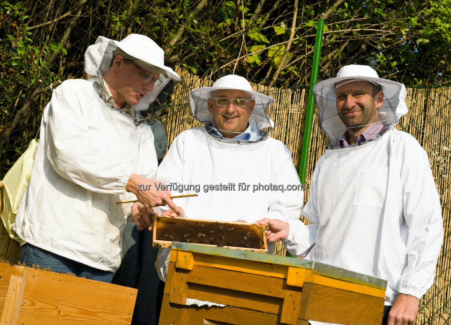 Die Vorstände der HDI Versicherung AG in Schutzkleidung mit den Bienen und dem Sprecher der StadtImker: HDI Versicherung AG: 2 Parkplätze für den Schutz von über 100.000 Bienen in Wien