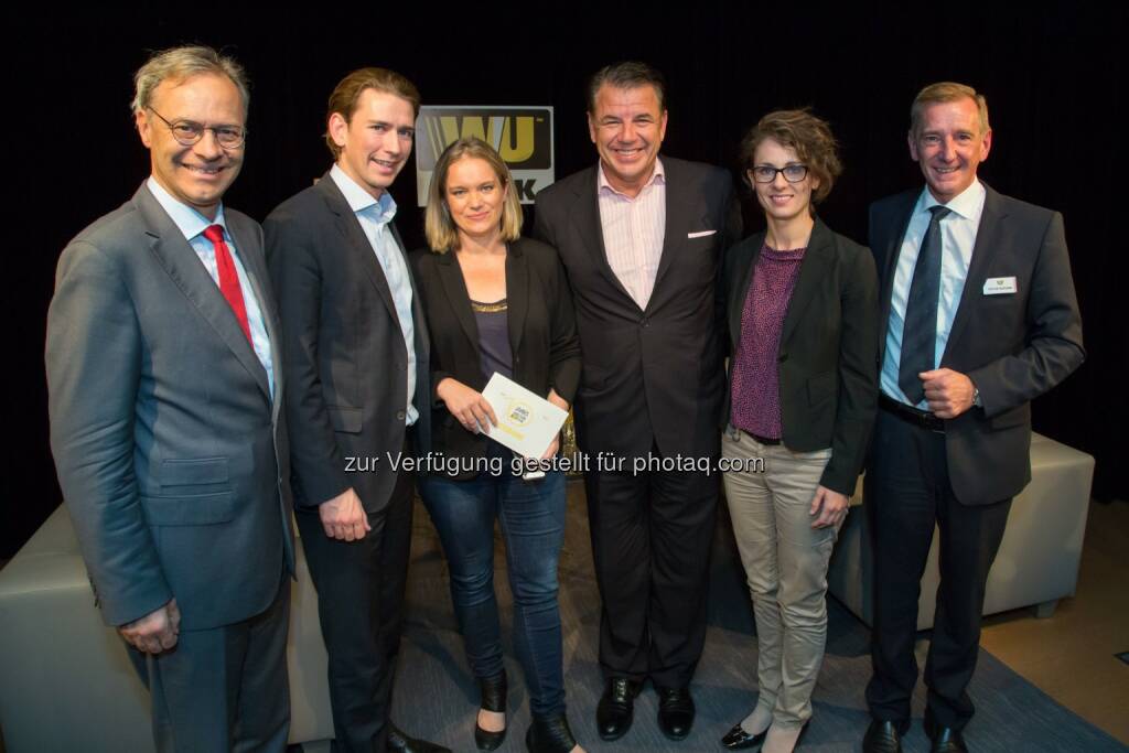 Rainer Münz (Leiter Forschungsabteilung Erste Group),Sebastian Kurz (Bundesminister für Europa, Integration und Äußeres), Corinna Milborn (Moderation), Hikmet Ersek (CEO The Western Union Company), Katharina Norden (Gründerin und CEO Three Coins) und Peter Bucher (CEO Western Union International Bank): Western Union International Bank GmbH: Western Union International Bank feiert 10-jähriges Bestehen, © Aussender (11.10.2014) 