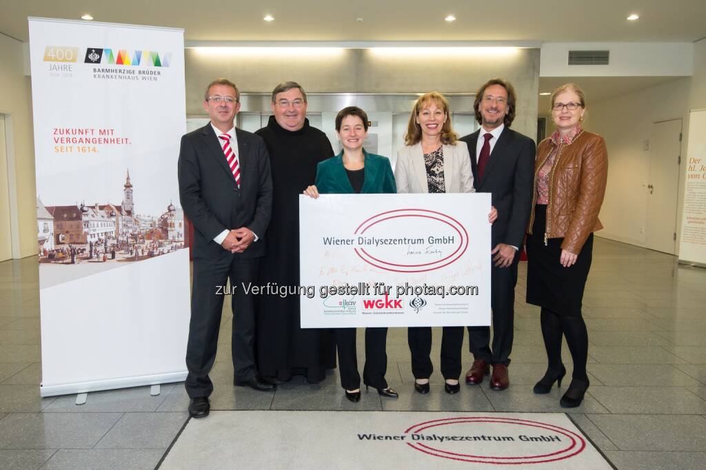 Günter Pacher (Geschäftsführer Wiener Dialysezentrum GmbH), Frater Richard Binder OH (Vertretung von Frater Saji Mullankuzhy OH), Sonja Wesely (Amtsführende Stadträtin für Gesundheit und Soziales), Ingrid Reischl (WGKK-Obfrau), Erich Sulzbacher (WGKK-Generaldirektor) und Susanne Drapalik (KAV-Leiterin Geschäftsbereich Medizinmanagement und Sofortmaßnahmen): Wiener Dialysezentrum GmbH: Dialysezentrum Wien-Donaustadt feiert 5-jähriges Jubiläum (23.10.2014) 