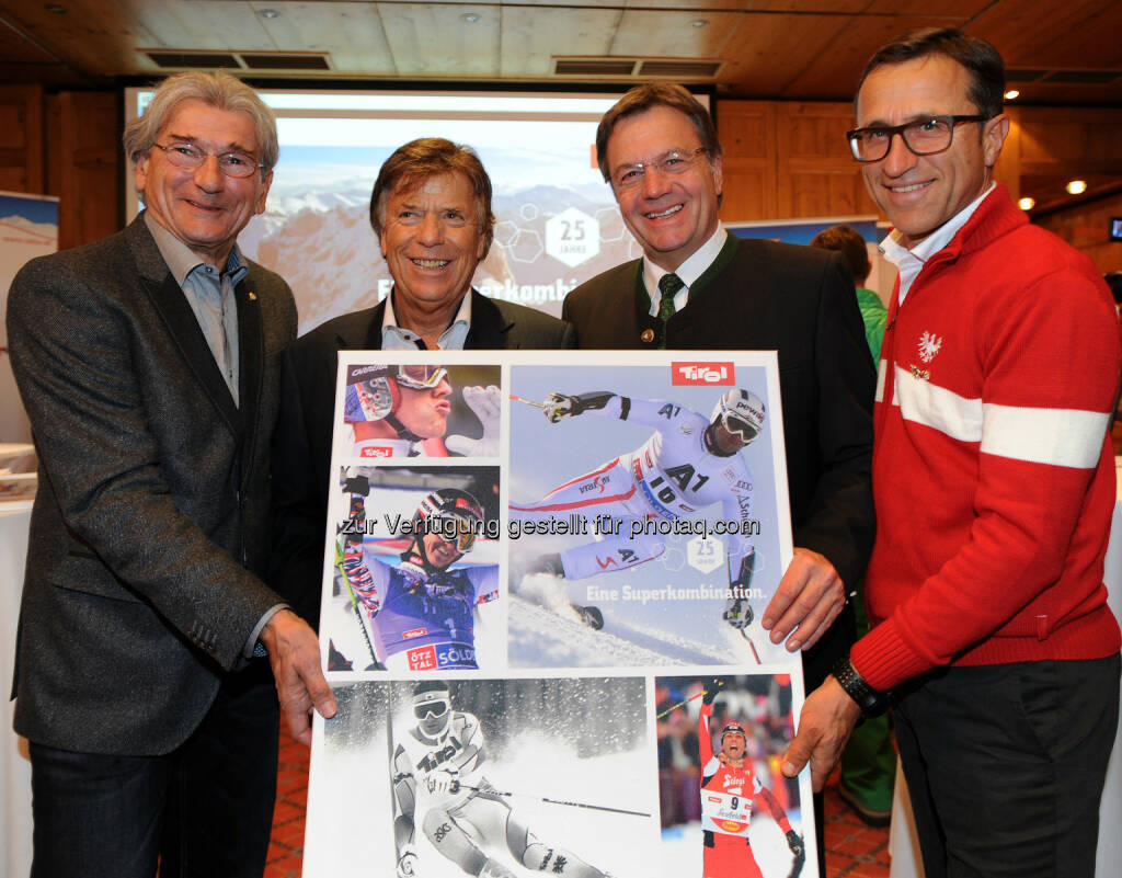 Klaus Leistner (ÖSV Generalsekretär), Peter Schröcksnadel (ÖSV Präsident), LH Günther Platter, Josef Margreiter (Geschäftsführer Tirol Werbung): Tirol Werbung GmbH: Weltcupauftakt in Sölden: ÖSV und Tirol feiern 25 Jahre Superkombination, © Aussendung (26.10.2014) 