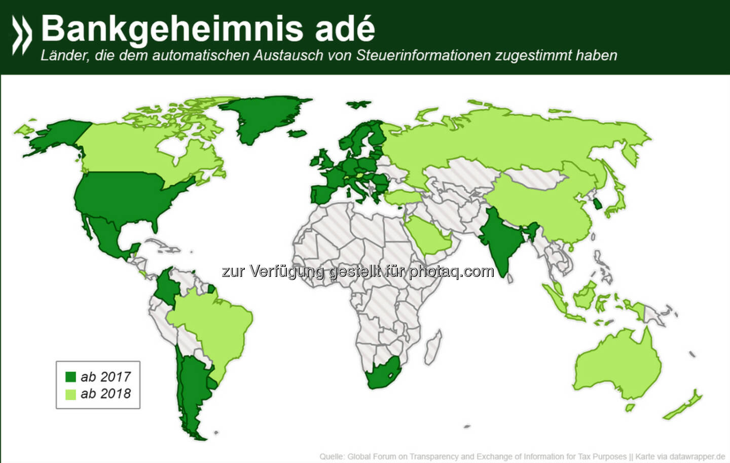 Bankgeheimnis adé: Über 90 Staaten und Rechtsgebiete – darunter alle OECD- und G20-Länder – haben sich bisher darauf geeinigt, in Zukunft automatisch Steuerinformationen auszutauschen. Knapp 60 von ihnen fangen damit schon 2017 an.

Mehr Informationen zum Thema und eine Übersicht per Land unter: bit.ly/1p1ucuo