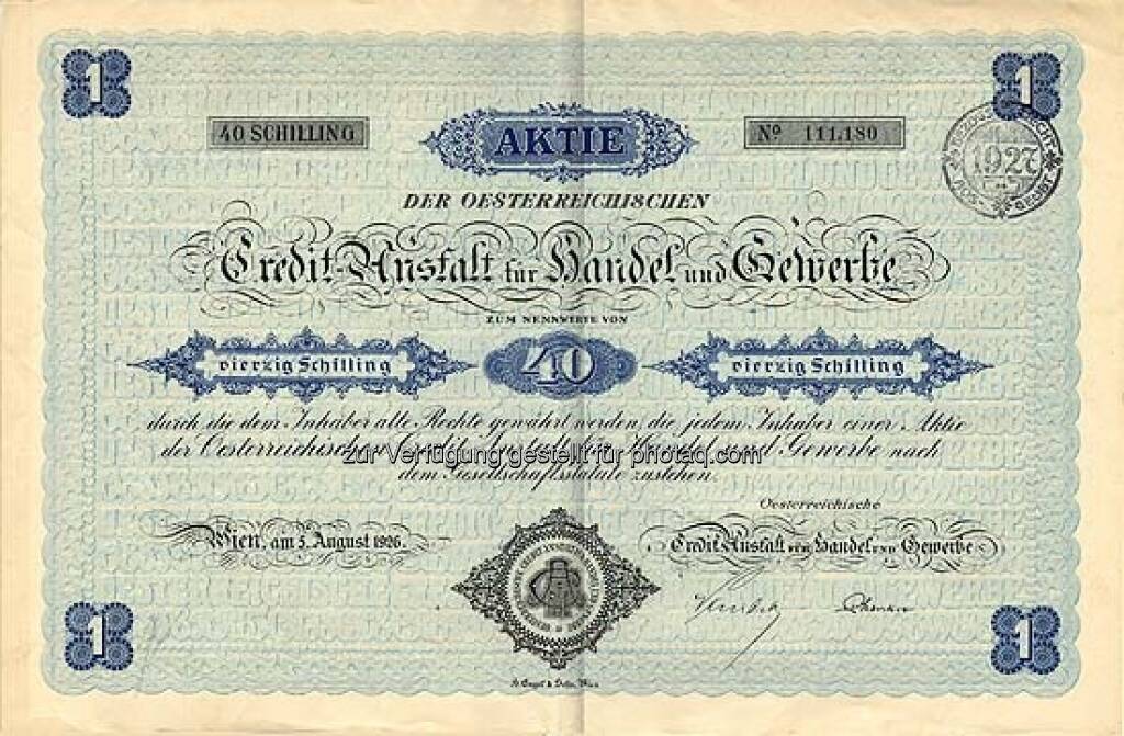 Österreichische Credit-Anstalt für Handel und Gewerbe: Die Bank ist ein Vorfahre der Bank Austria Creditanstalt. Sie wurde 1855 von Anselm Salomon Freiherr von Rothschild gegründet. Das historische Papier von 1926 lautet auf 40 Schilling und ist entwertet., ©  mit freundlicher Genehmigung von 365aktien.de (01.02.2013) 