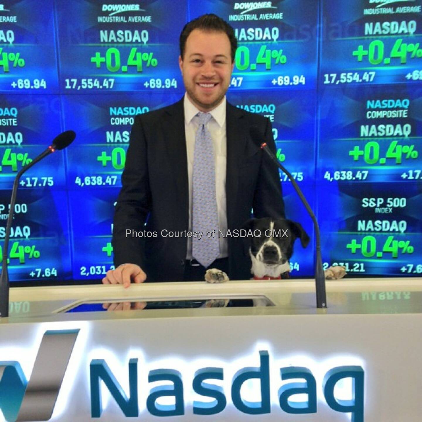 Nasdaq's Jordan Saxe and his dog Stowe at the @Freshpet Opening Bell in celebration of their #IPO today! $FRPT #dogs #dogsofinstagram #dogfood #petfood #dog  Source: http://facebook.com/NASDAQ