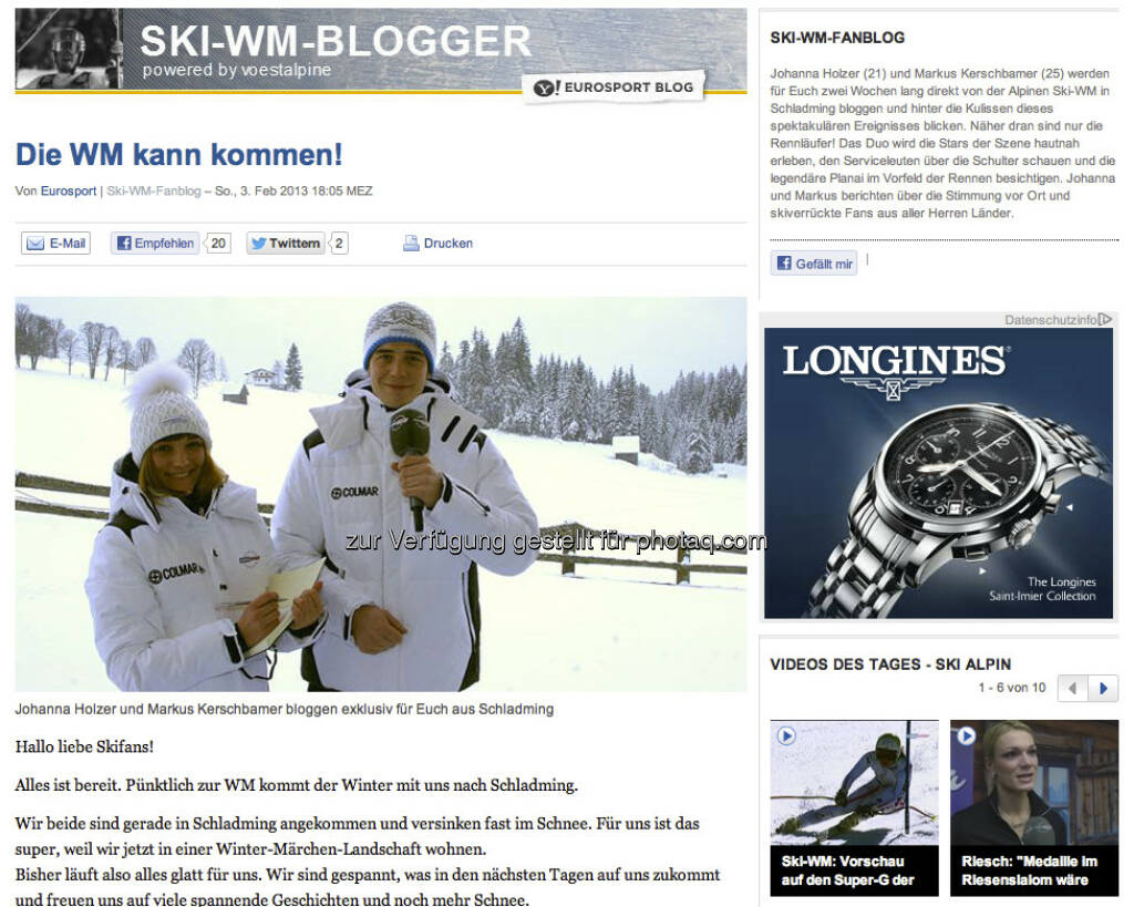 Link zum Eurosport-WM-Blog zur alpinen Ski-WM, auch hier sind Johanna, Markus und voestalpine im Mittelpunkt - http://yhoo.it/11MWeYW, © <a href=