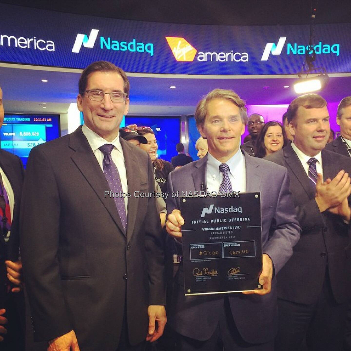 #Nasdaq's CEO Bob Greifeld and @Virginamerica's CEO David Cush celebrate the $VA #IPO with the ceremonial first trade certificate!  Source: http://facebook.com/NASDAQ