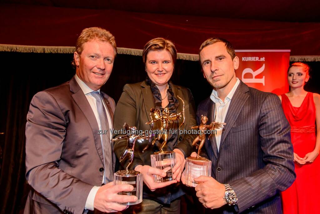 Carl Gabriel (UNIQA), Tanja Sourek (A1), Peter Gauss (Omega/Swatch Group): Mediaprint Zeitungs- und Zeitschriftenverlag Ges.m.b.H. & Co. KG: Kurier feierte Werbe-Amor Gala im Palazzo-Spiegelzelt, © Aussendung (28.11.2014) 