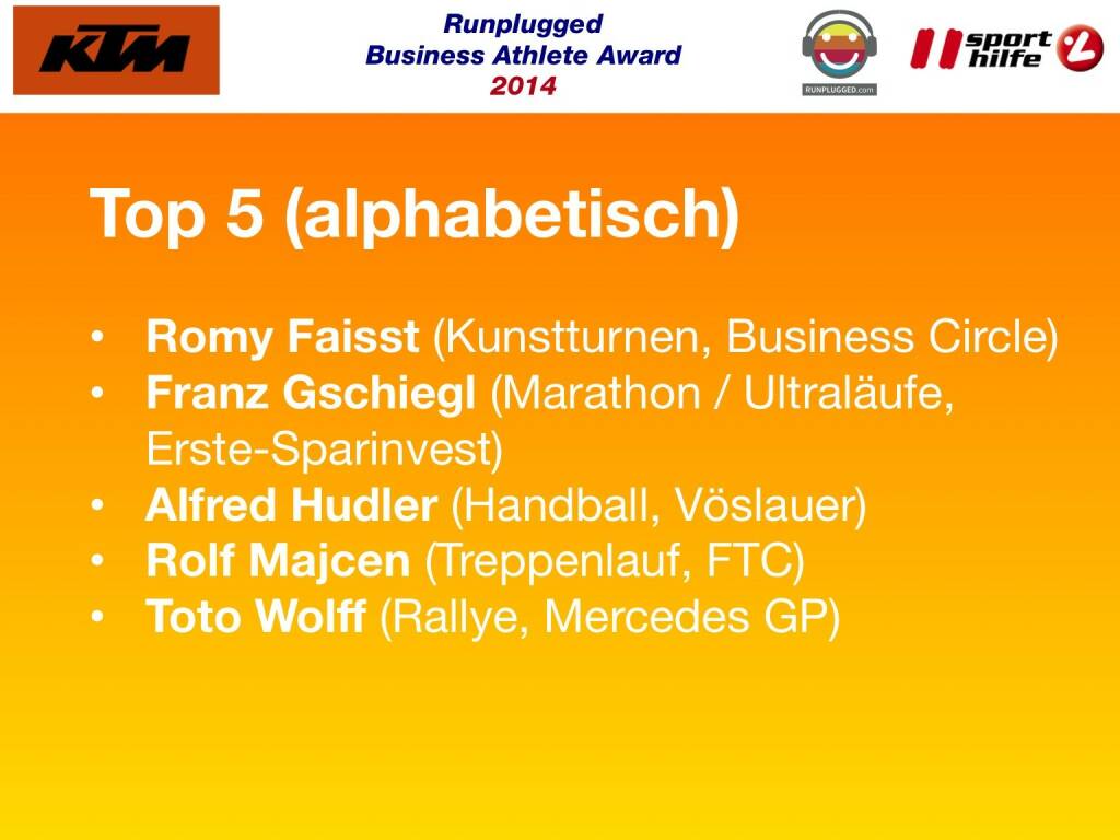 Top 5 (alphabetisch): Romy Faisst (Kunstturnen, Business Circle), Franz Gschiegl (Marathon / Ultraläufe, Erste-Sparinvest), Alfred Hudler (Handball, Vöslauer), Rolf Majcen (Treppenlauf, FTC), Toto Wolff (Rallye, Mercedes GP) (02.12.2014) 