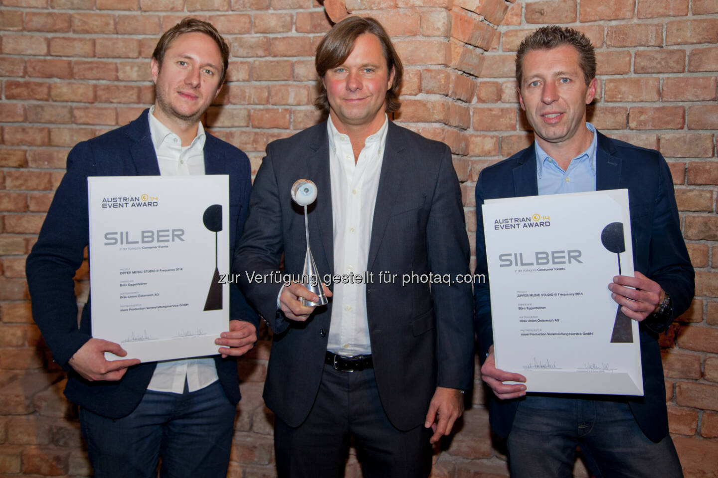 Markus Flatz (Eventmanager Brau Union Österreich), Klaus Eggenfellner (Büro Eggenfellner) und Thomas Dietachmair (Group Brand Manager Brau Union Österreich): Brau Union Österreich AG: Austrian Event Award 2014: Zipfer holt Silber
