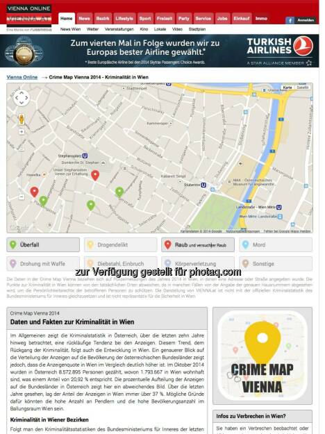 Stadtportal vienna.at wertet über 1.000 Straftaten aus und stellt diese geografisch mit Hintergrundberichten dar. Crime Map Vienna wird künftig monatlich aktualisiert und soll Prävention fördern. http://www.vienna.at/features/crime-map
, © Aussender (18.12.2014) 