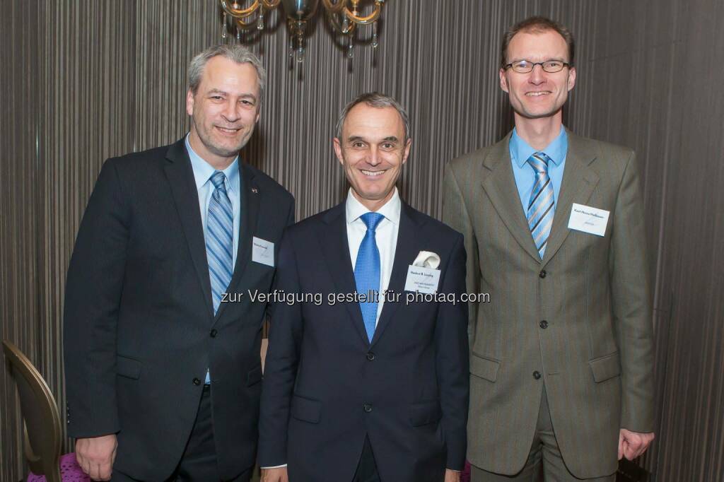 Opel Österreich-Chef Michael Lewald, AmCham-Präsident Norbert B. Lessing, Baxter-Vorstand Karl-Heinz Hofbauer: AmCham Austria Business-Cocktail im Steigenberger Hotel Herrenhof, © Aussender (24.01.2015) 