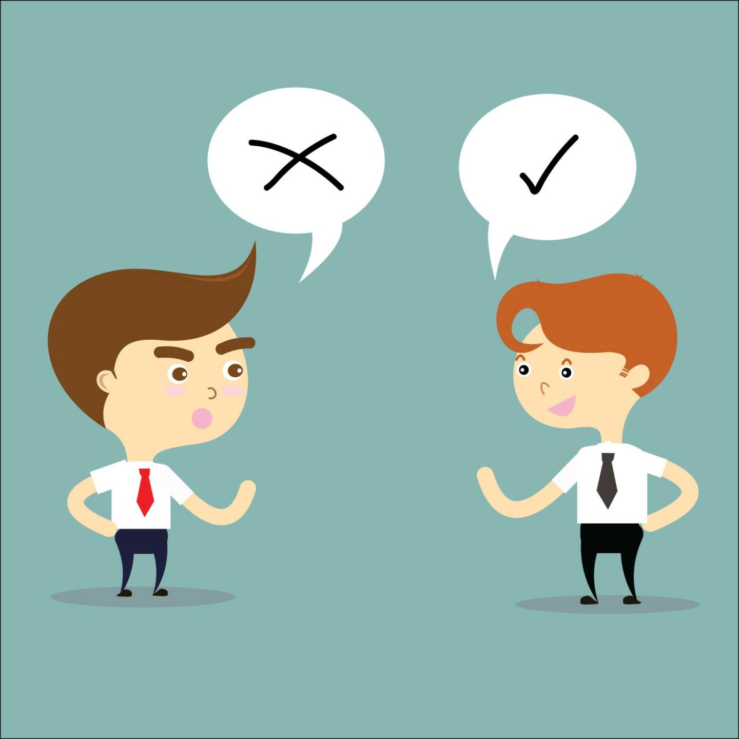 Gegenteil, richtig, falsch, Diskussion, Streit, Argument, Standpunkt, Gespräch, Meinung, http://www.shutterstock.com/de/pic-246655765/stock-vector-two-businessman-thinking-opposites-with-right-and-wrong-sign-vector.html