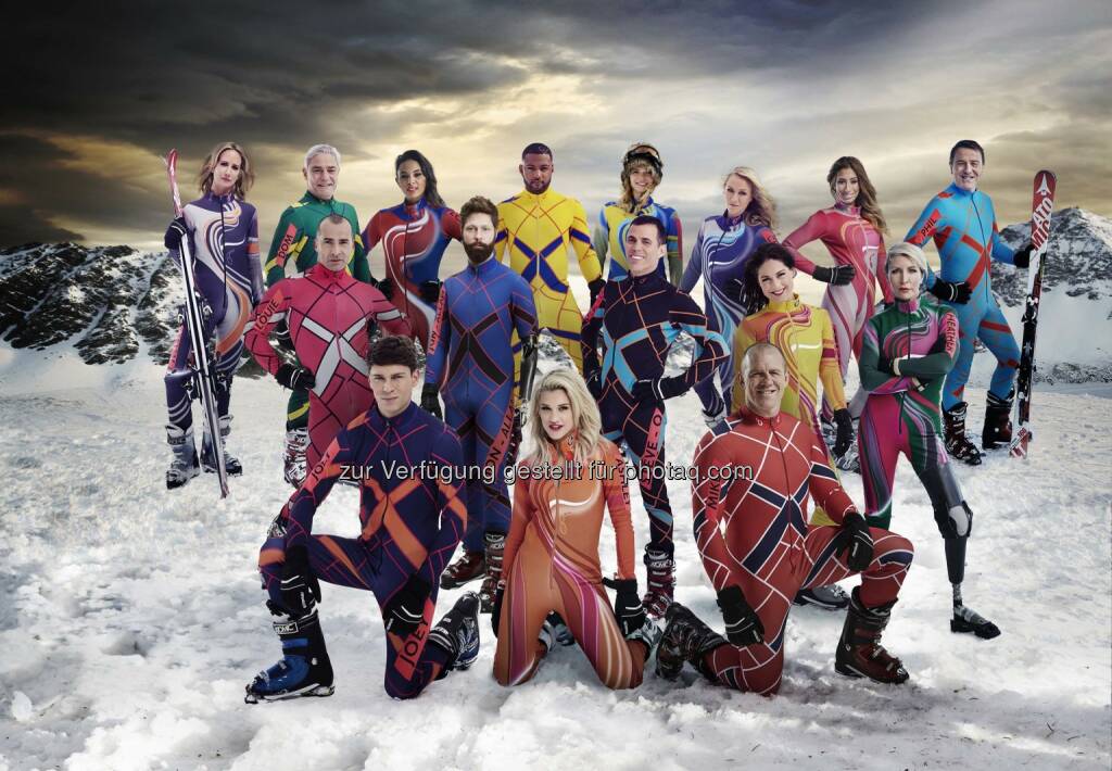 Lady Victoria Hervey, Dom Parker, Louise Hazel, JB Gill, Jodie Kidd, Chloe Madeley, Stacey Solomon, Phil Tufnell,  L-R: Louie Spence, Jon-Allan Butterworth, Steve-O; Louise Thompson, Heather Mills, L-R: Joey Essex, Ashley Roberts, Mike Tindall: The Jump - Channel 4 Wintersportwettbewerb mit zwei Liveshows im Kühtai auf 2.020 Metern Seehöhe, © Aussendung (05.02.2015) 