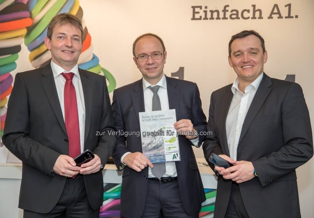 Marcus Grausam, A1 Technikvorstand; Alexander Sperl, A1 Vorstand Marketing, Vertrieb und Service; Jürgen Peterka, A1 NetzplanungWien - A1 startet 4G/LTE Datenhighway für 2,5 Mio. ÖsterreicherInnen (14.02.2013) 