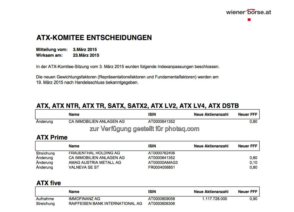 ATX-Komitee Entscheidungen 3. März (Auszug): Immofinanz statt RBI im ATX-Five © Wiener Börse, © Aussender (03.03.2015) 