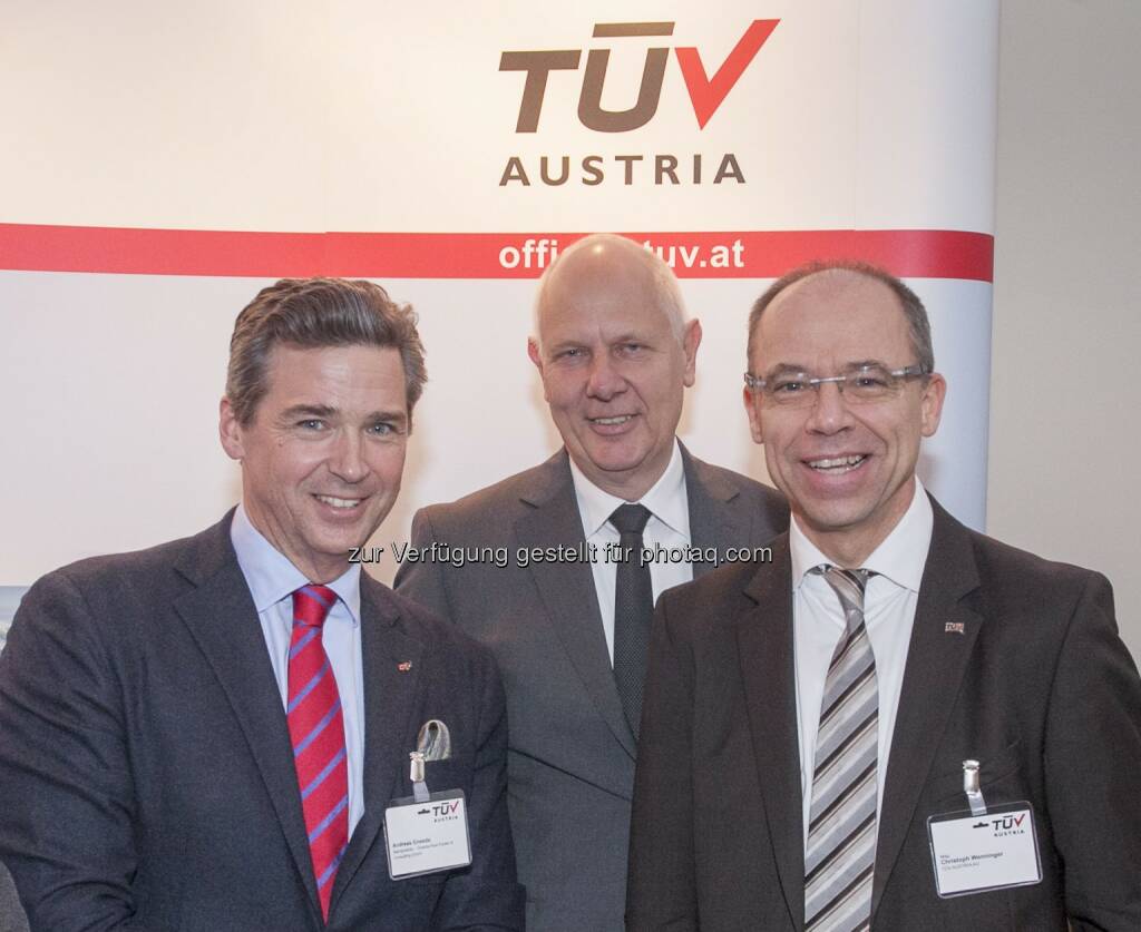 Andreas Gnesda (Präsident ÖGV), Matthias Horx (Trend- und Zukunftsforscher), Christoph Wenninger (Finanzvorstand TÜV Austria Holding AG): Matthias Horx über Technik, Sicherheit und Mega Trends beim TÜV Austria Event, © Aussender (06.03.2015) 