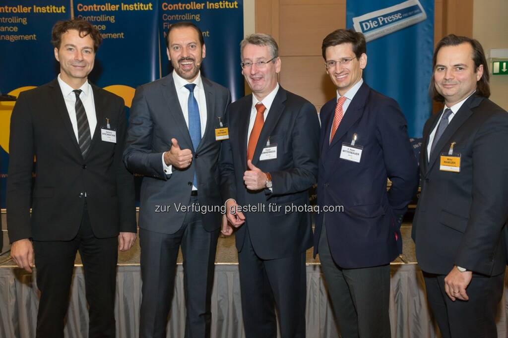 Gerhard Speckbacher (Vorstand, Institut für Unternehmensführung, WU Wien), Werner H. Hoffmann (Wissenschaftlicher Leiter des Kongresses, Vorstand, Institut für Strategisches Management, WU Wien, Vorsitzender der Geschäftsführung, Contrast Management-Consulting GmbH), Franz Semmernegg (Vorstandsvorsitzender, Kapsch AG), F. Peter Mitterbauer (Vorstandsvorsitzender, Miba AG), Mirko Waniczek (Fachlicher Leiter des Kongresses, Partner, Contrast Management-Consulting): Controller-Institut: 35. Controllertag, © Aussender (11.03.2015) 