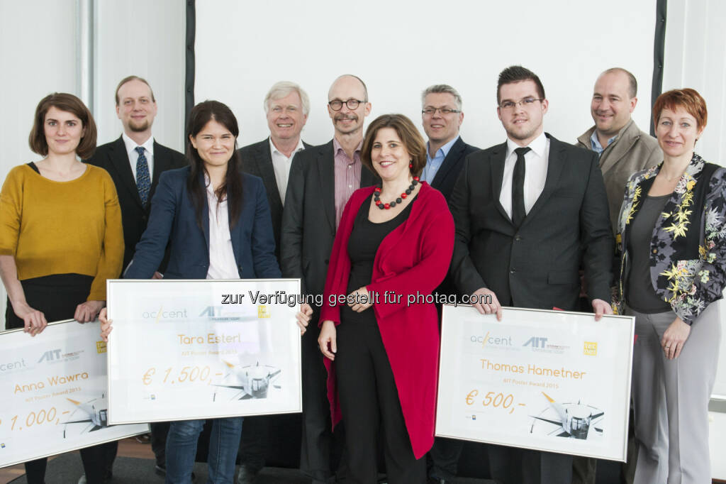 Anna Wawra (Platz 2), Thilo Schmalz (tecnet equity), AIT Posteraward Gewinnerin Tara Esterl, AIT Scientific Managing Director Wolfgang Knoll, Christian Laurer (tecnet equity), tecnet equity CEO Doris Agneter, accent Gründerservice Prokurist Thomas Nennadal, Thomas Hametner (3. Platz), accent Gründerservice Geschäftsführer Michael Moll, Margit Noll (AIT Corporate Strategy):  Austrian Institute of Technology GmbH: AIT, tecnet und accent fördern junge ForscherInnen bei der Verwertbarkeit ihrer wissenschaftlichen Arbeit, © Aussendung (27.03.2015) 