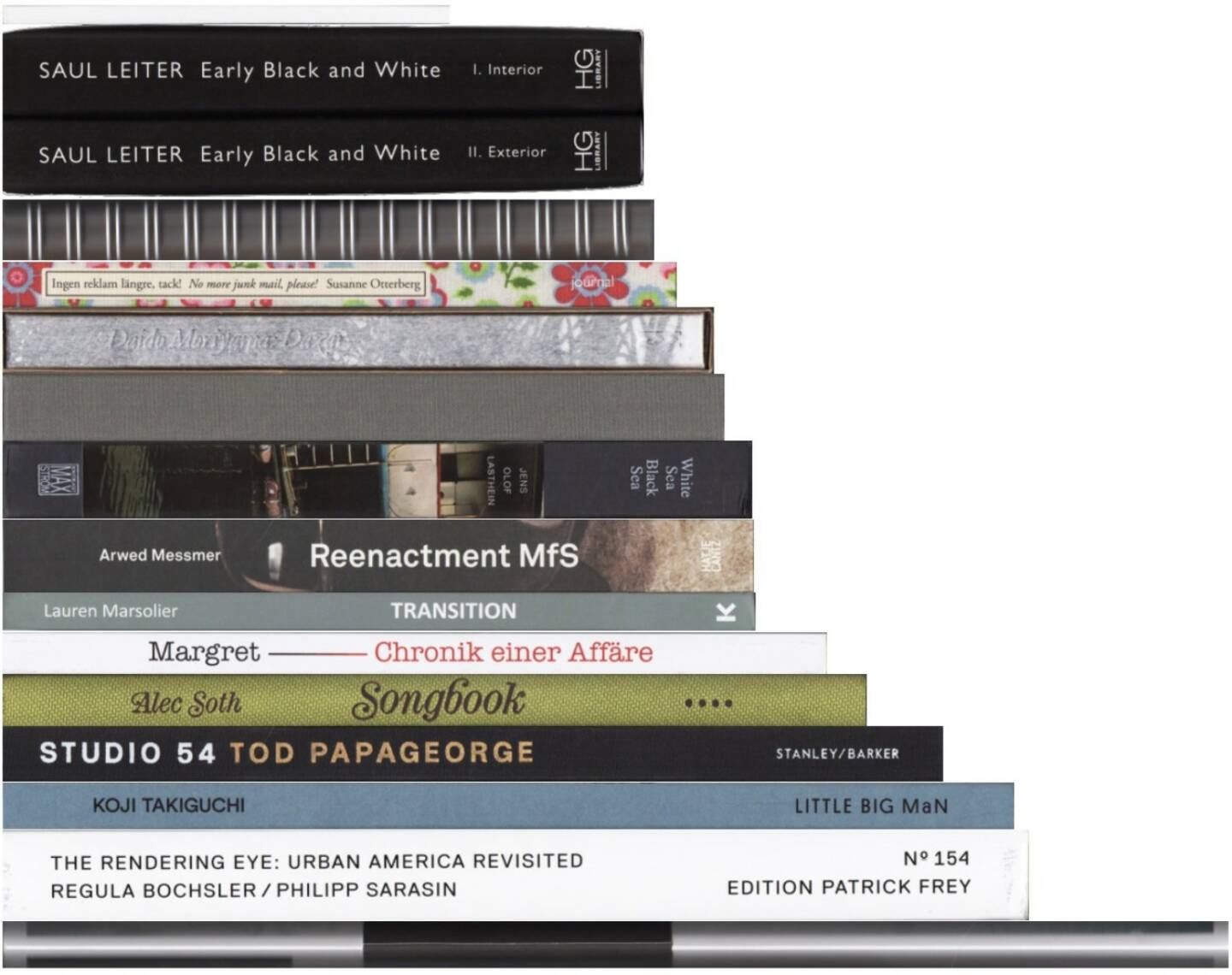 Best of March 2015 on josefchladek.com (server-stats - http://josefchladek.com/list/best_of_march_2015#books ): John Gossage - Nothing, Daisuke Yokota - Toransupearento, Ren Hang - 野生 (‘Wild’), Arwed Messmer - Reenactment MfS, Daido Moriyama - Dazai, Saul Leiter - Early Black and White, Nicole Delmes & Susanne Zander (Eds.) - Margret: Chronik einer Affäre, Alec Soth - Songbook, Lauren Marsolier - Transition, Tod Papageorge - Studio 54, Fábio Miguel Roque - Hometown, Jens Olof Lasthein - White sea Black sea, Susanne Otterberg - No more junk mail, please!, Koji Takiguchi - Sou, Regula Bochsler & Philipp Sarasin - The Rendering Eye: Urban America Revisited