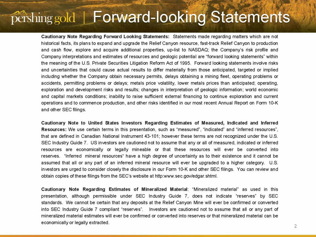 Forward Looking Statements - Pershing Gold (26.04.2015) 