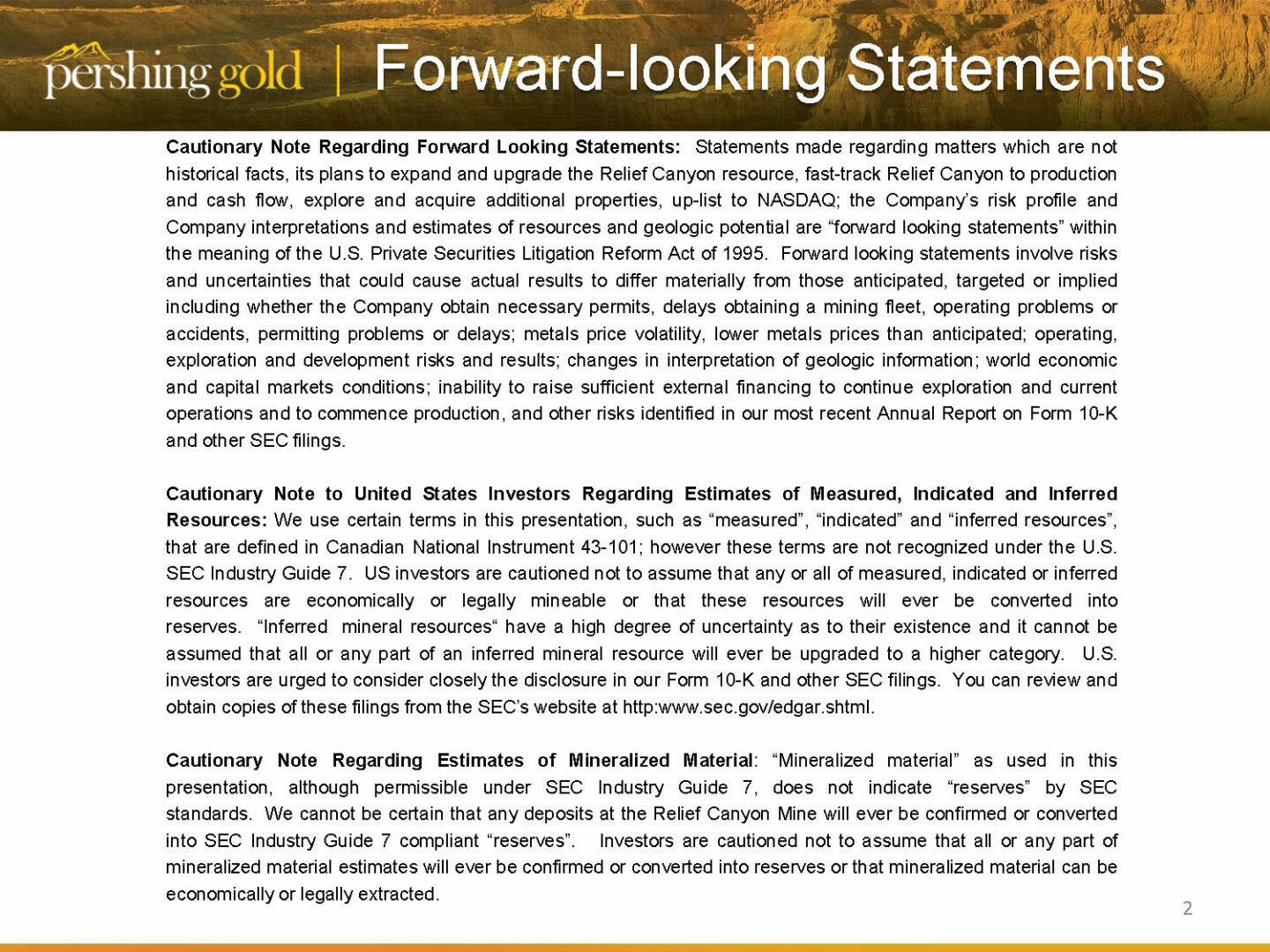 Forward Looking Statements - Pershing Gold