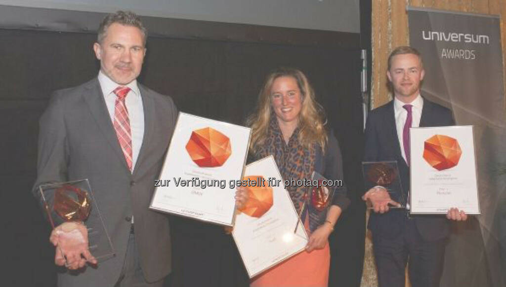 Oliver Ferschke, Leiter des Personalmarketings BMW Group, Antje Maas (Audi), Christoph Welz (Porsche): BMW Group: Verleihung Universum Award 2015 Kategorie Business, © Aussendung (28.04.2015) 