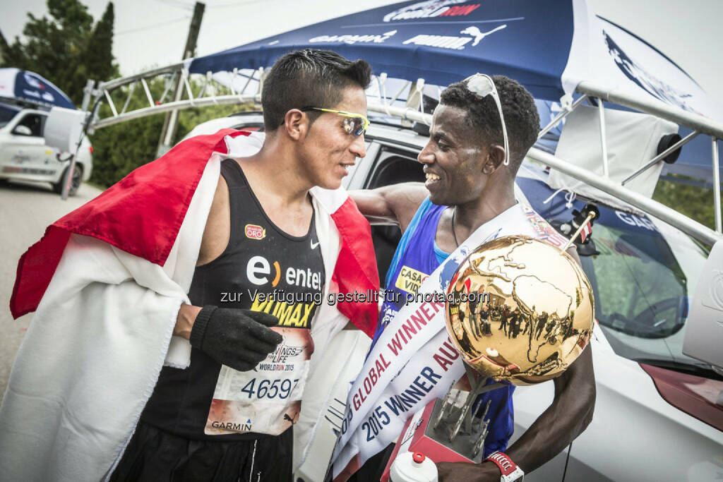 Remigio Huaman congrats  winner Lemawork Ketema after  the Wings for Life World Run in St. Poelten, Austria on May 3rd, 2015. // Philip Platzer for Wings for Life World Run // Please go to www.redbullcontentpool.com for further information. // , © © Red Bull Media House (04.05.2015) 