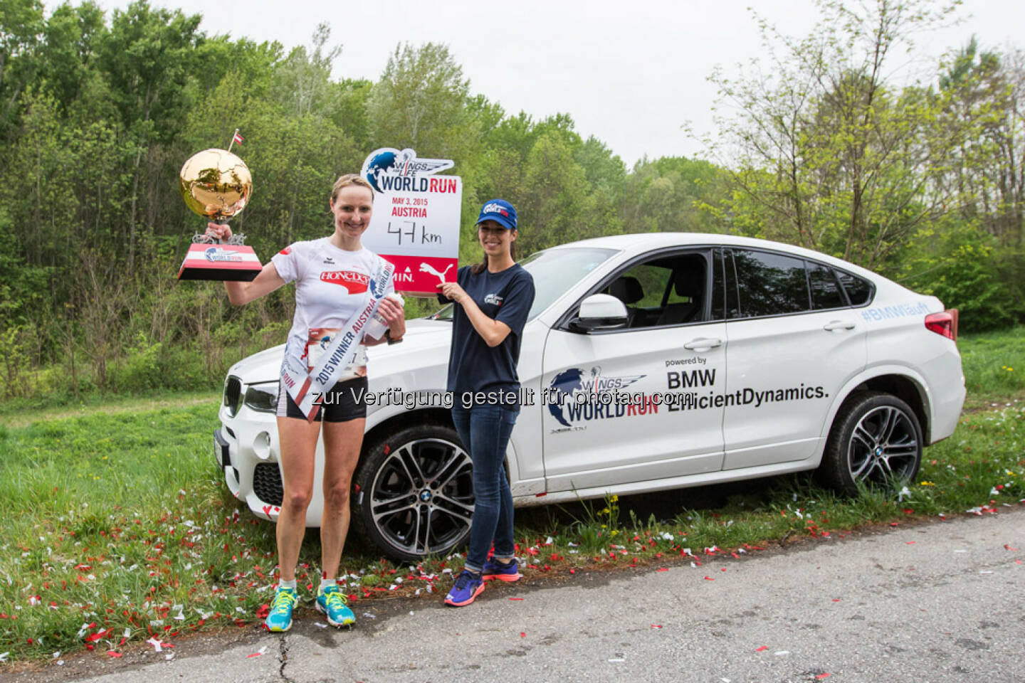 Bernadette Schuster celebrates during the Wings for Life World Run in lower Austria, Austria on May 3, 2015. // Philipp Greindl for Wings for Life World Run //Please go to www.redbullcontentpool.com for further information. // 