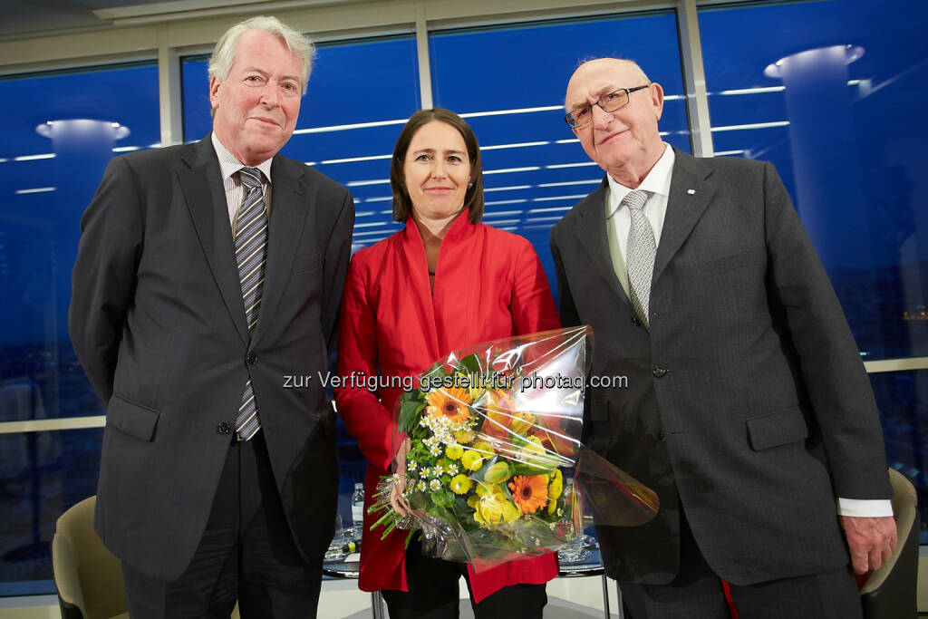 Wirtschaftsexperte Martin Hellwig, Der Standard-Chefredakteurin Alexandra Föderl-Schmid und Günter Geyer, Vorstandsvorsitzender des Wiener Städtischen Versicherungsvereins: Wiener Städtische Versicherungsverein: Zukunft im Turm: Welchen Anteil tragen Banken an der Finanzkrise?, © Aussender (05.05.2015) 