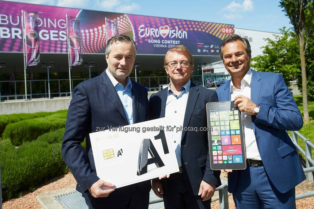 Hannes Ametsreiter, Generaldirektor A1 und Telekom Austria Group; Michael Götzhaber, Direktor für Technik, Online und neue Medien, ORF; Georg Obermeier, Geschäftsführer Microsoft Österreich: Microsoft Österreich GmbH: 800 Volunteers sind dank Microsoft und A1 für den Eurovision Song Contest bestens vernetzt, © Aussendung (07.05.2015) 