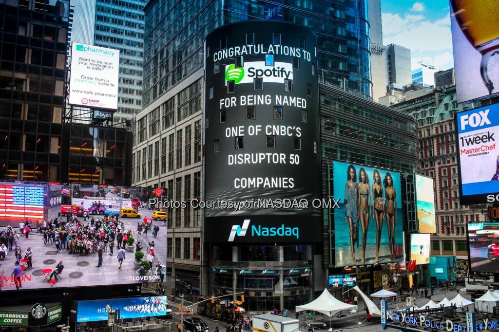 Nasdaq congratulates Spotify for being named one of CNBC's Disruptor 50 Companies: http://spr.ly/61897Wzx #Disruptor50  Source: http://facebook.com/NASDAQ (14.05.2015) 