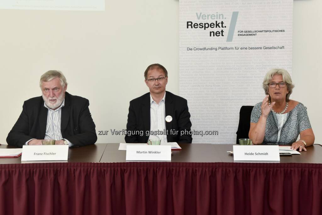 Franz Fischler, ehem. EU-Kommissar, Martin Winkler, Präsident des Vereins Respekt.net und Heide Schmidt, ehem. Abgeordnete zum Nationalrat: Respekt.net: Startschuss für neue Initiative von Respekt.net: CALL4Europe: 100.000 Euro für Ideen zur Zukunft Europas, © Aussender (18.05.2015) 