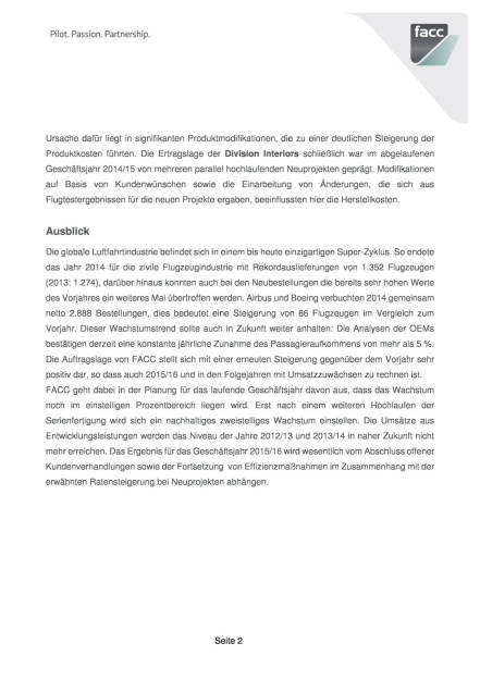FACC 2014/15 mit Auftragsschub - Verzögerungen sorgen aber für Umsatzminus und negatives Ergebnis, Seite 2/3, komplettes Dokument unter http://boerse-social.com/static/uploads/file_8_facc_201415.pdf (22.05.2015) 