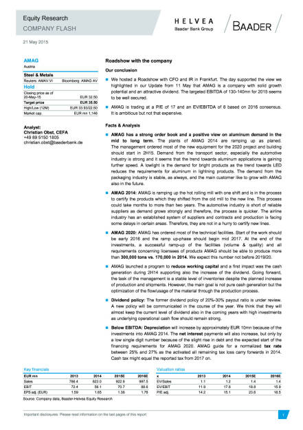 Baader sieht Amag-Guidance gut abgesichert; Ziel 35 Euro, Seite 1/3, komplettes Dokument unter http://boerse-social.com/static/uploads/file_7_baader_research_amag.pdf (22.05.2015) 